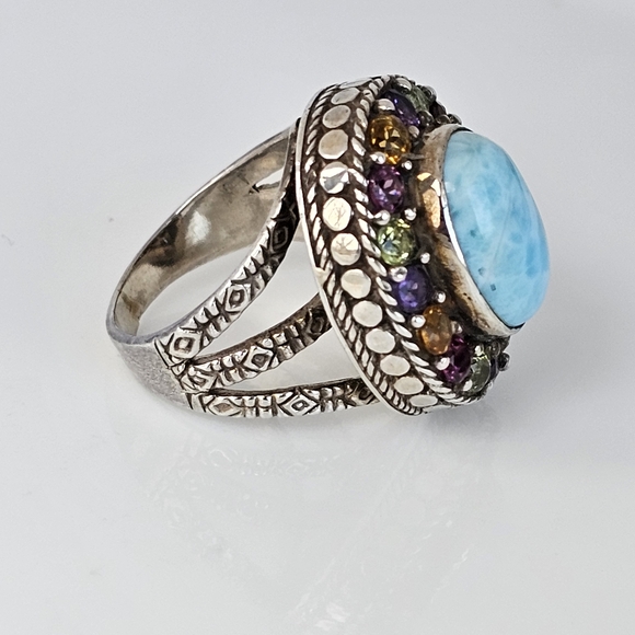 Artisan Crafted Natural Larimar & Multicolor Tourmaline 💍 Sterling Silver Sz 7. - Picture 12 of 12